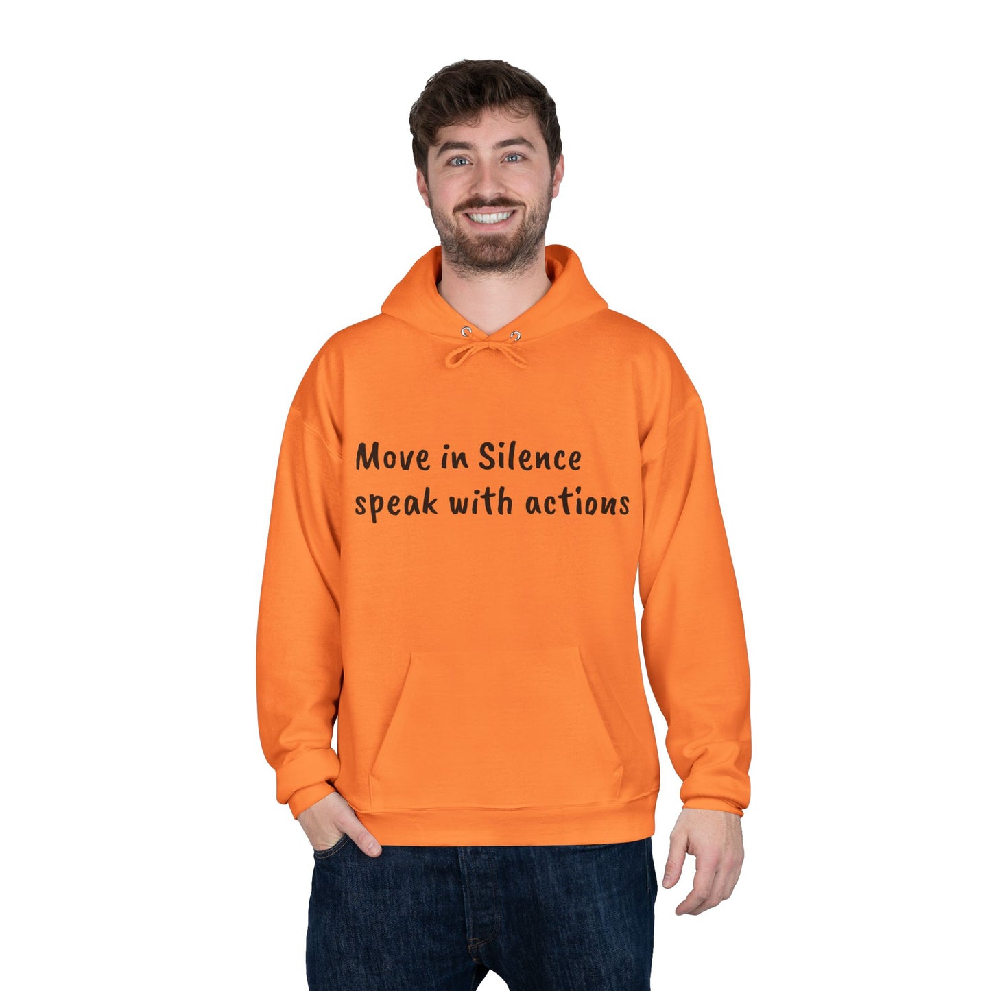 Eco-Friendly Hoodie Sweatshirt with 'Move in Silence, speak with actions' Design-Sunset Lake