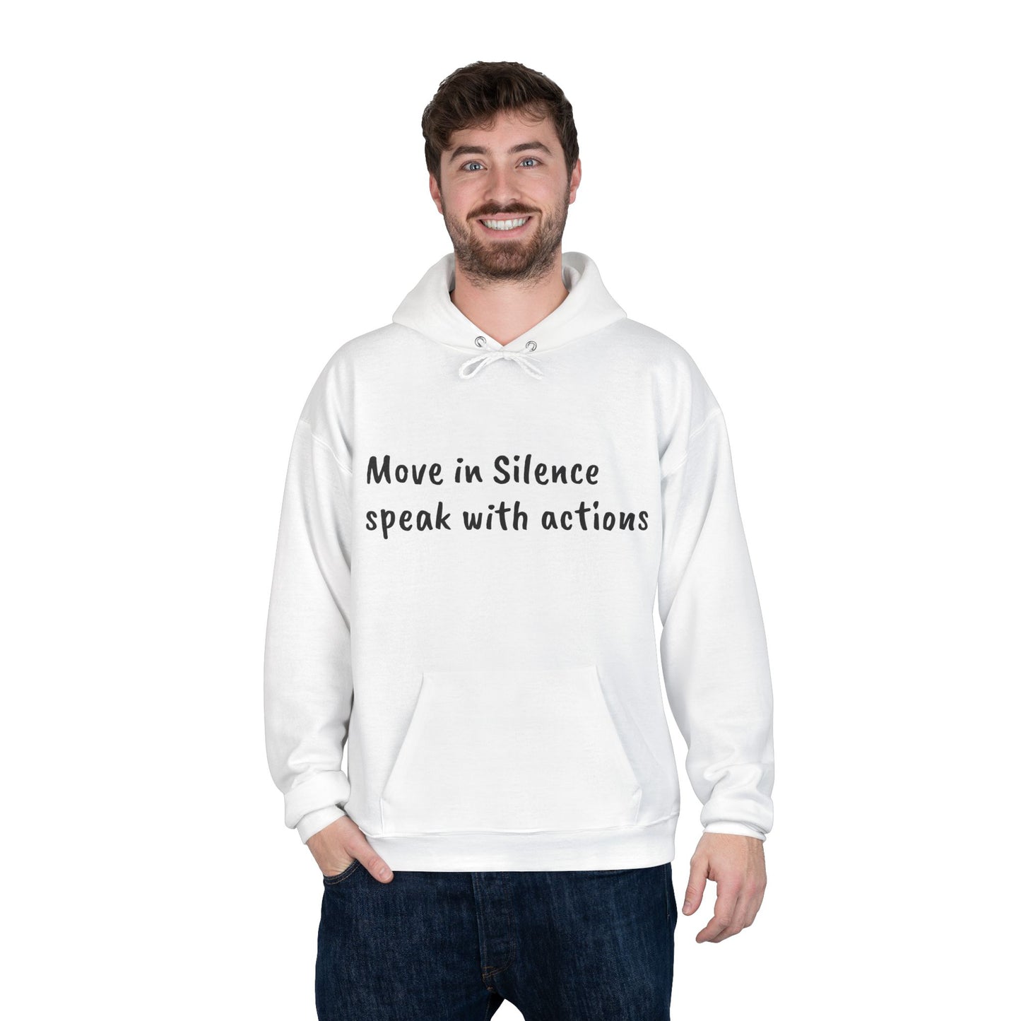 Eco-Friendly Hoodie Sweatshirt with 'Move in Silence, speak with actions' Design-Sunset Lake