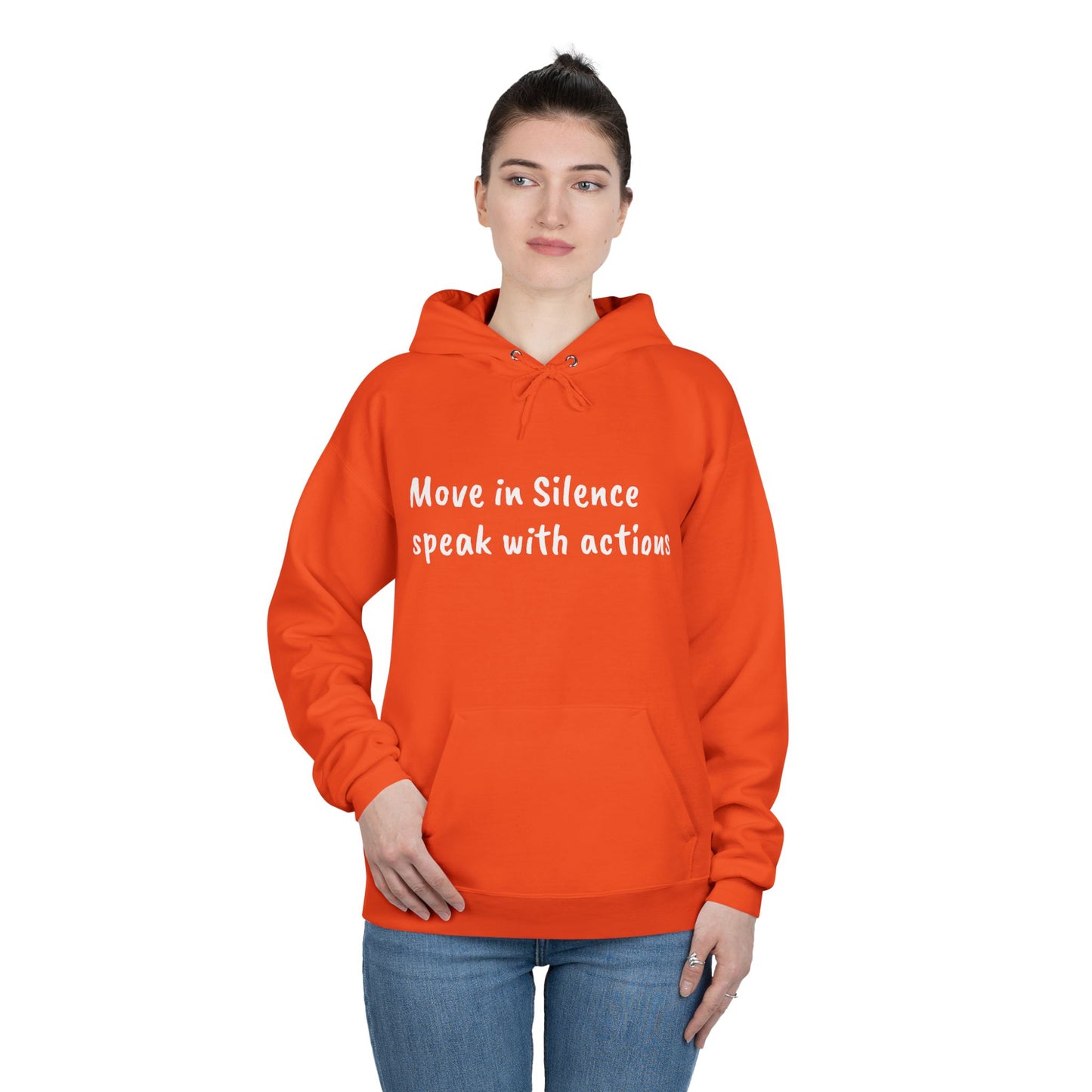 Eco-Friendly Hoodie Sweatshirt with 'Move in Silence, speak with actions' Design-Sunset Lake