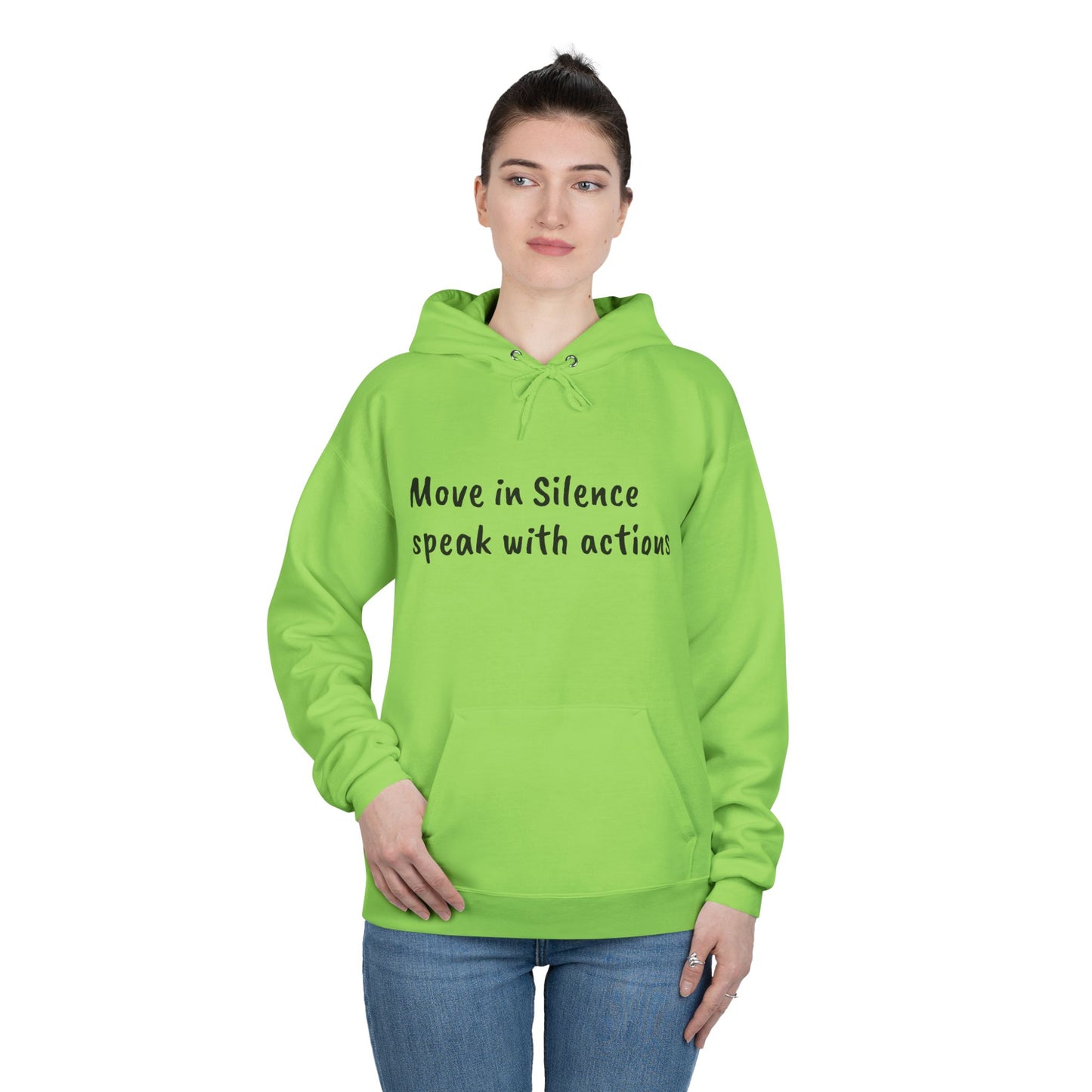 Eco-Friendly Hoodie Sweatshirt with 'Move in Silence, speak with actions' Design-Sunset Lake