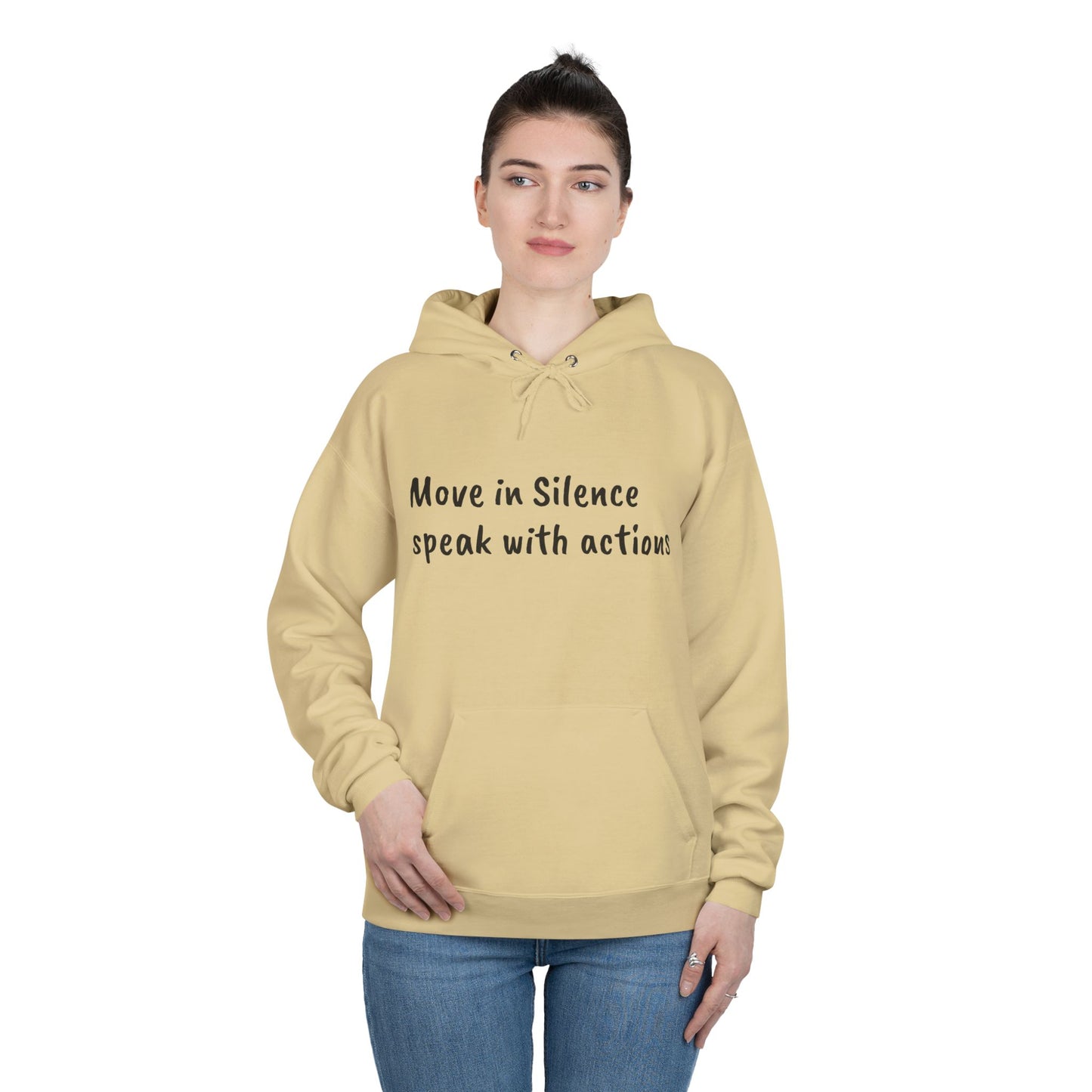 Eco-Friendly Hoodie Sweatshirt with 'Move in Silence, speak with actions' Design-Sunset Lake