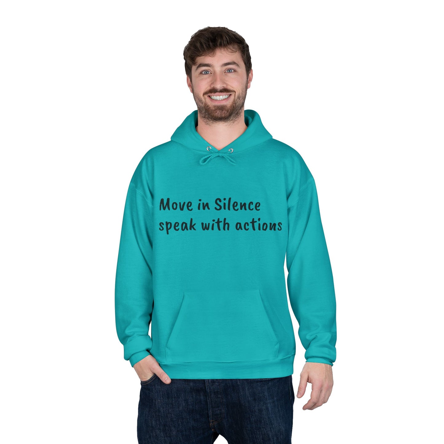 Eco-Friendly Hoodie Sweatshirt with 'Move in Silence, speak with actions' Design-Sunset Lake