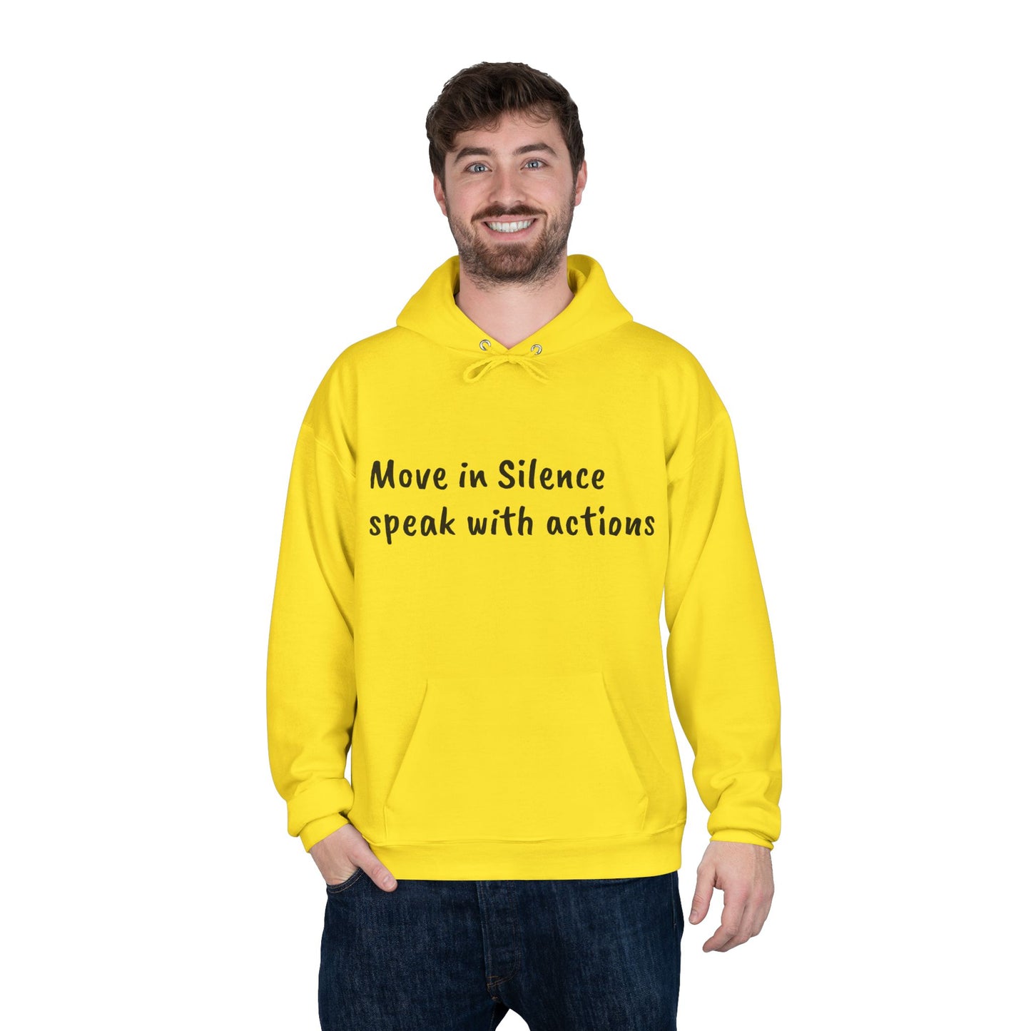 Eco-Friendly Hoodie Sweatshirt with 'Move in Silence, speak with actions' Design-Sunset Lake