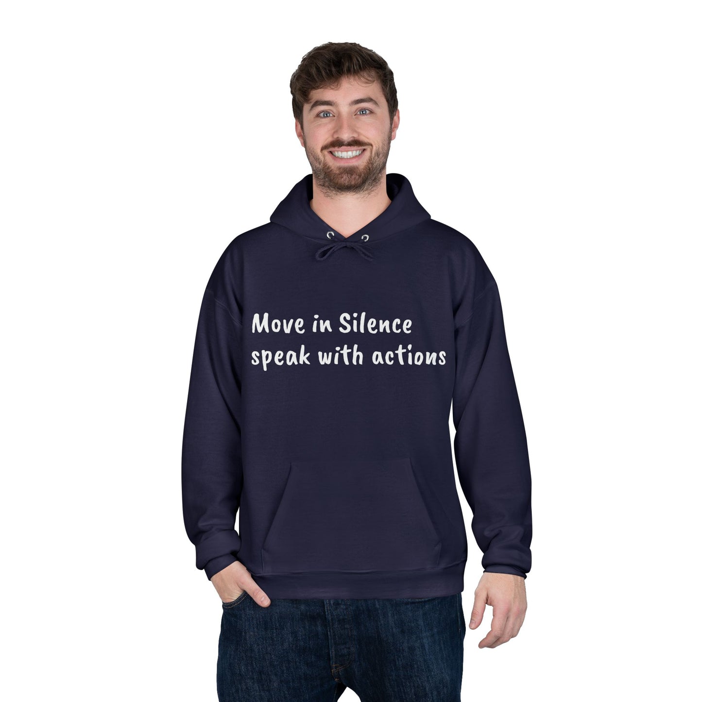 Eco-Friendly Hoodie Sweatshirt with 'Move in Silence, speak with actions' Design-Sunset Lake