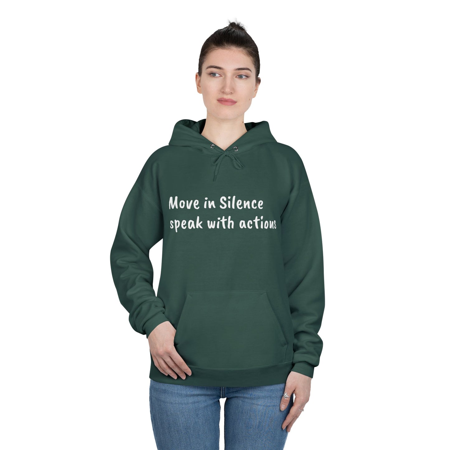 Eco-Friendly Hoodie Sweatshirt with 'Move in Silence, speak with actions' Design-Sunset Lake