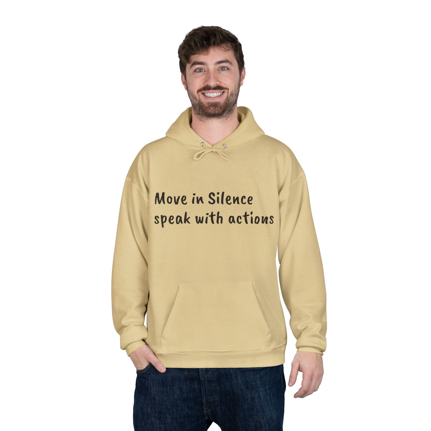 Eco-Friendly Hoodie Sweatshirt with 'Move in Silence, speak with actions' Design-Sunset Lake